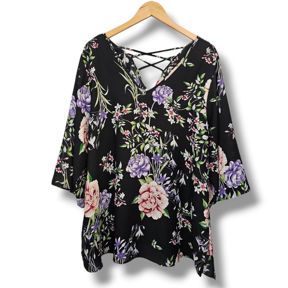 Avenue Black Dark Floral Top Womens 18/20 Lattice Back V-Neck 3/4 Sleeve Career - Picture 2 of 13